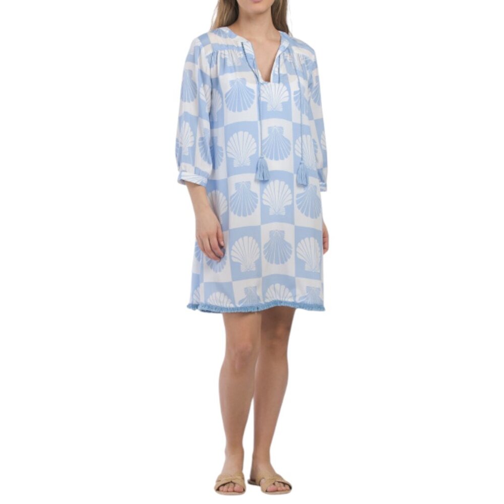 TRUE DESTINATION Blue/White Printed Silky Crepe Midi Fringe Cover-up Tunic